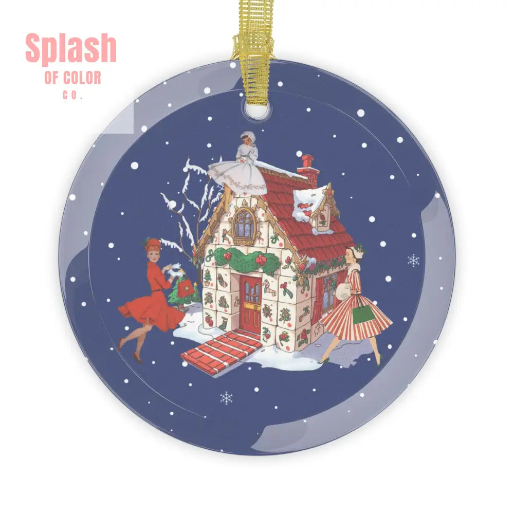 Mahjong Christmas Vintage Gals Whimsical Glass Ornament Mahj House Ornament 1 pc / Round / One Size Home Decor