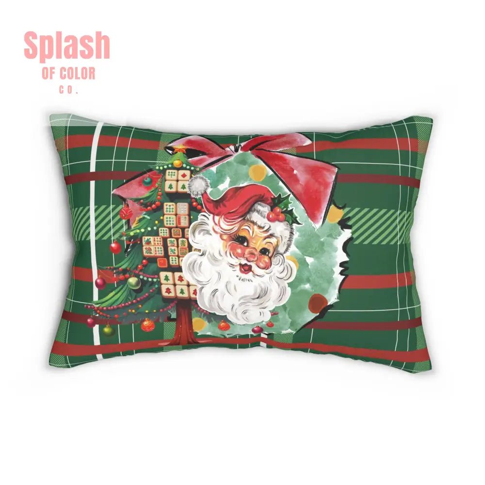 Mahjong Christmas Vintage Santa Plaid Lumbar Pillow - Splash of Color co.