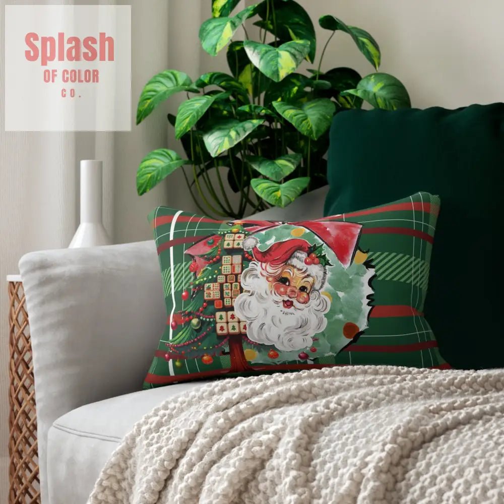 Mahjong Christmas Vintage Santa Plaid Lumbar Pillow - Splash of Color co.