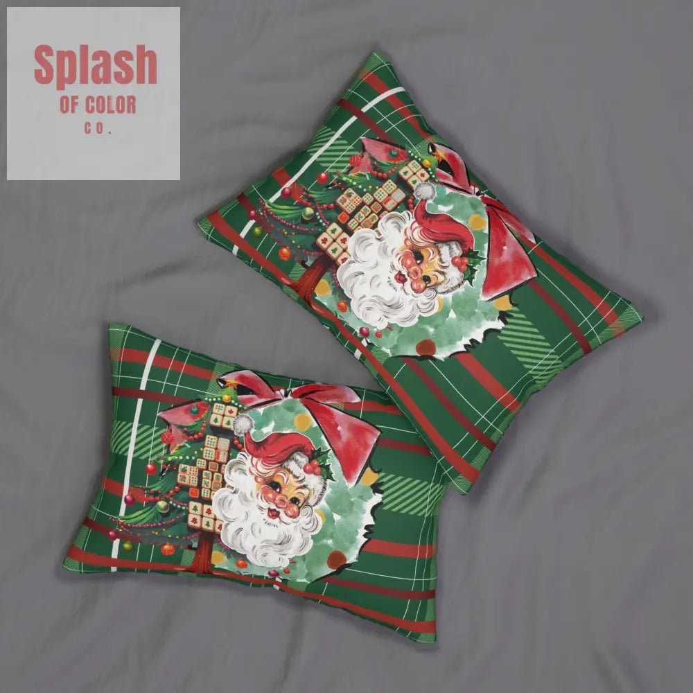Mahjong Christmas Vintage Santa Plaid Lumbar Pillow - Splash of Color co.