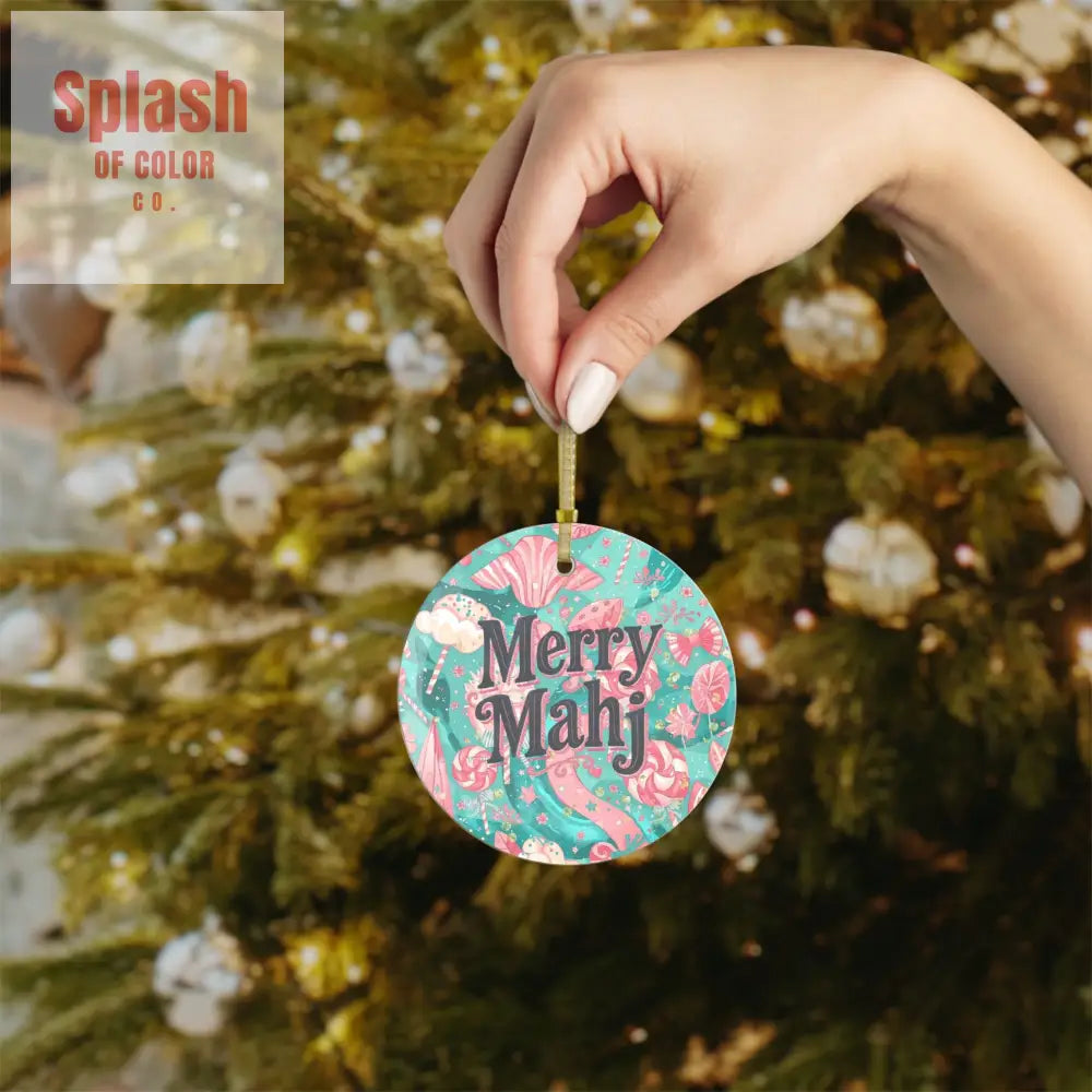 Mahjong Christmas Whimsical Glass Ornament Merry Mahj Holiday Cheer Pink Candy Theme - 1 pc / Round / One Size - Home