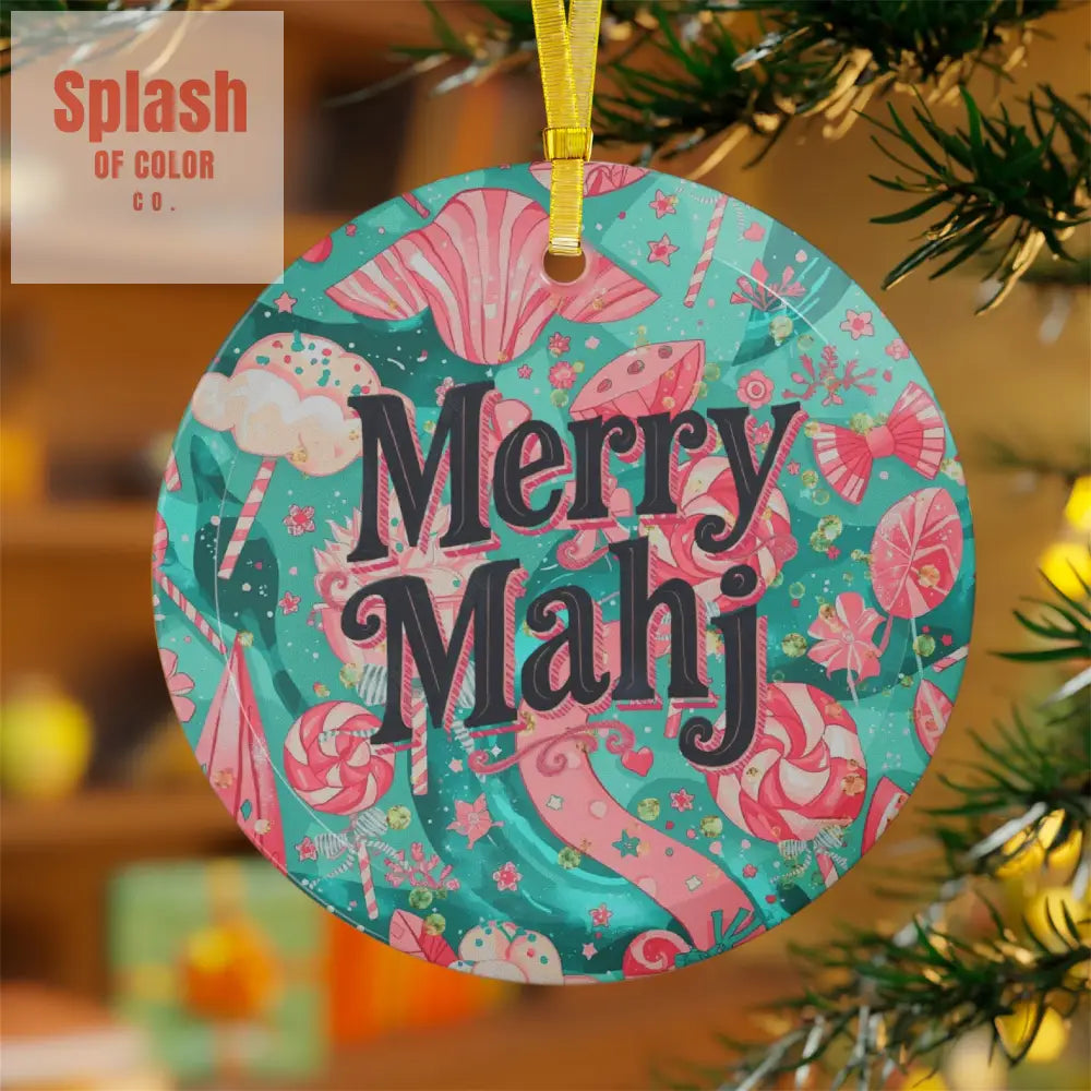 Mahjong Christmas Whimsical Glass Ornament Merry Mahj Holiday Cheer Pink Candy Theme - 1 pc / Round / One Size - Home