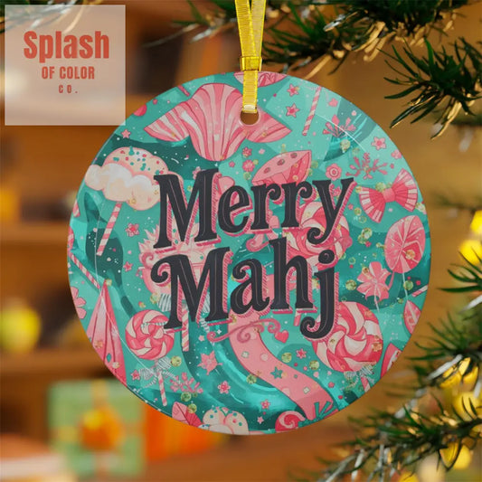 Mahjong Christmas Whimsical Glass Ornament Merry Mahj Holiday Cheer Pink Candy Theme - 1 pc / Round / One Size - Home