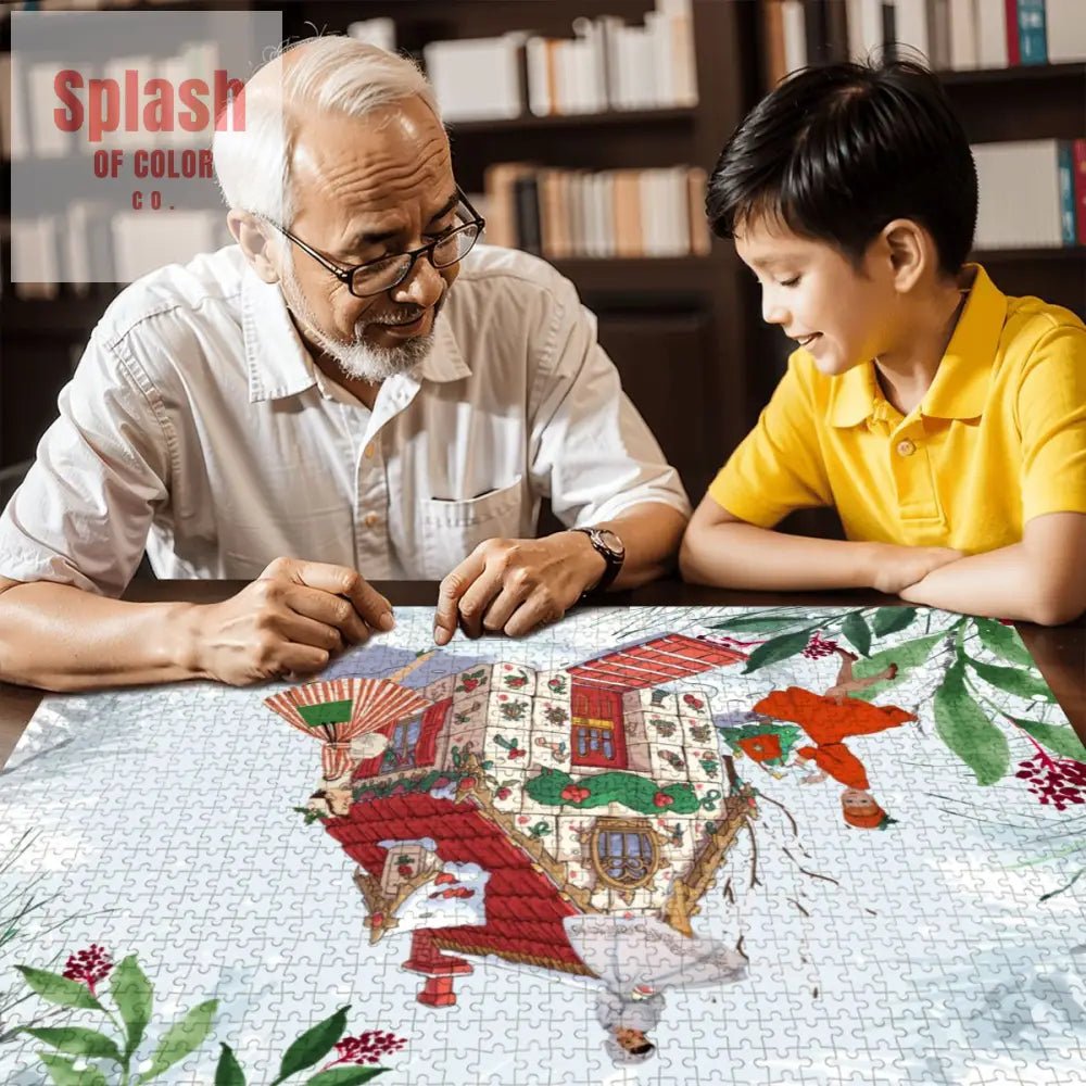 Mahjong Christmas Whimsical Mahj Tile House And Vintage Nostalgia Wooden Jigsaw Puzzles 1000 pcs - Splash of Color co.