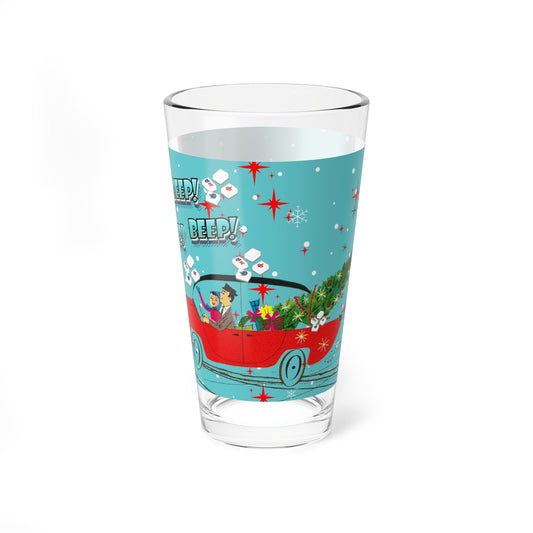 Mahjong Cocktail Shaker Drinking Glass Mahjong Christmas VintageHoliday Mixing Glass - ’Beep Beep! Deck the Halls!’