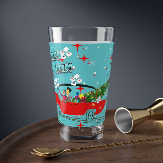 Mahjong Cocktail Shaker Drinking Glass Mahjong Christmas VintageHoliday Mixing Glass - ’Beep Beep! Deck the Halls!’