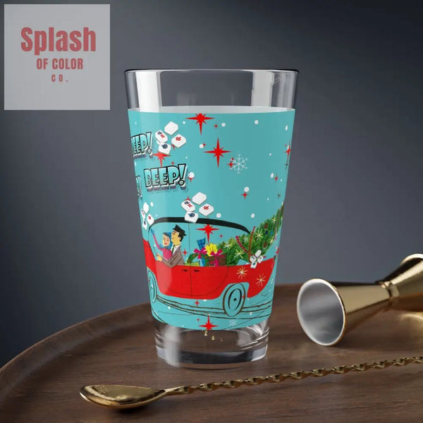 Mahjong Cocktail Shaker Drinking Glass Mahjong Christmas VintageHoliday Mixing Glass - ’Beep Beep! Deck the Halls!’