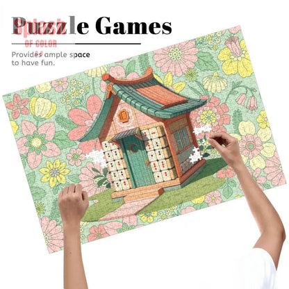 Mahjong Cottage Tile House Floral Fun Wooden Jigsaw Puzzles 1000 pcs - Splash of Color co.