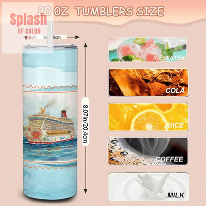Mahjong Cruise Ship, Set Sail Wavy Blue 20oz Straight Stainless Steel Tumbler with Straw - Splash of Color co.