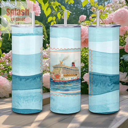 Mahjong Cruise Ship, Set Sail Wavy Blue 20oz Straight Stainless Steel Tumbler with Straw - Splash of Color co.