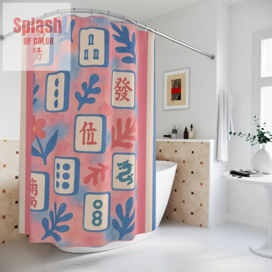 Mahjong Floral Shower Curtain | Bohemian Bathroom Decor Watercolor Blue Pink Preppy Style Whimsical Bath Mahj Lover