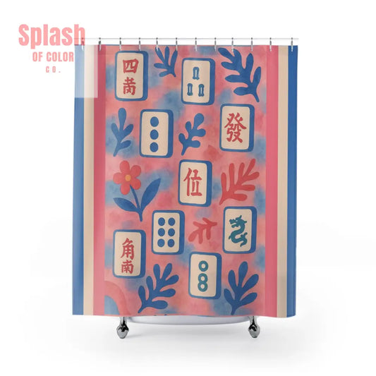 Mahjong Floral Shower Curtain | Bohemian Bathroom Decor Watercolor Blue Pink Preppy Style Whimsical Bath Mahj Lover