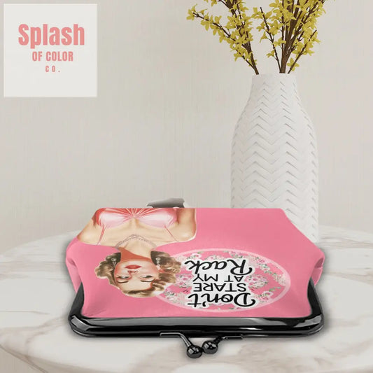 Mahjong Gift Cheeky Sassy Don’t Stare At My Rack Pink Women’s Leather Kiss Lock Coin Purse - 4.5’’x4.1’’ - Wallet