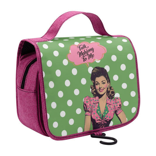 Mahjong Gift Toiletry Cosmetic Travel Bag Green White Polka Dot Talk Mahjong