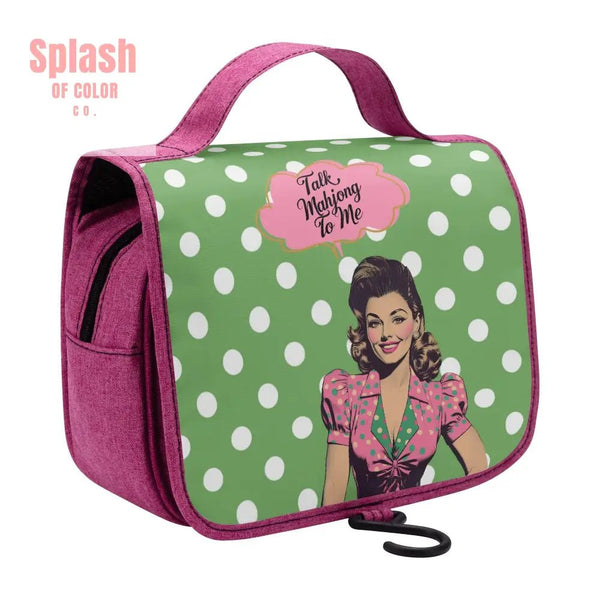 Mahjong Gift Toiletry Cosmetic Travel Bag Green White Polka Dot Talk Mahjong