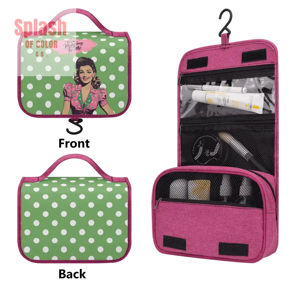 Mahjong Gift Toiletry Cosmetic Travel Bag Green White Polka Dot Talk Mahjong