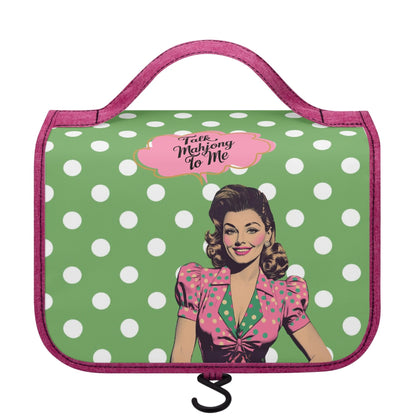 Mahjong Gift Toiletry Cosmetic Travel Bag Green White Polka Dot Talk Mahjong