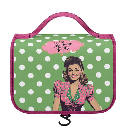 Mahjong Gift Toiletry Cosmetic Travel Bag Green White Polka Dot Talk Mahjong