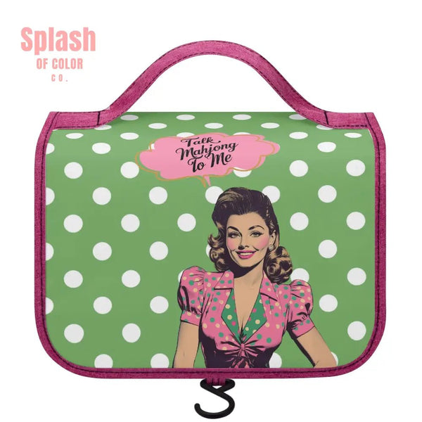 Mahjong Gift Toiletry Cosmetic Travel Bag Green White Polka Dot Talk Mahjong