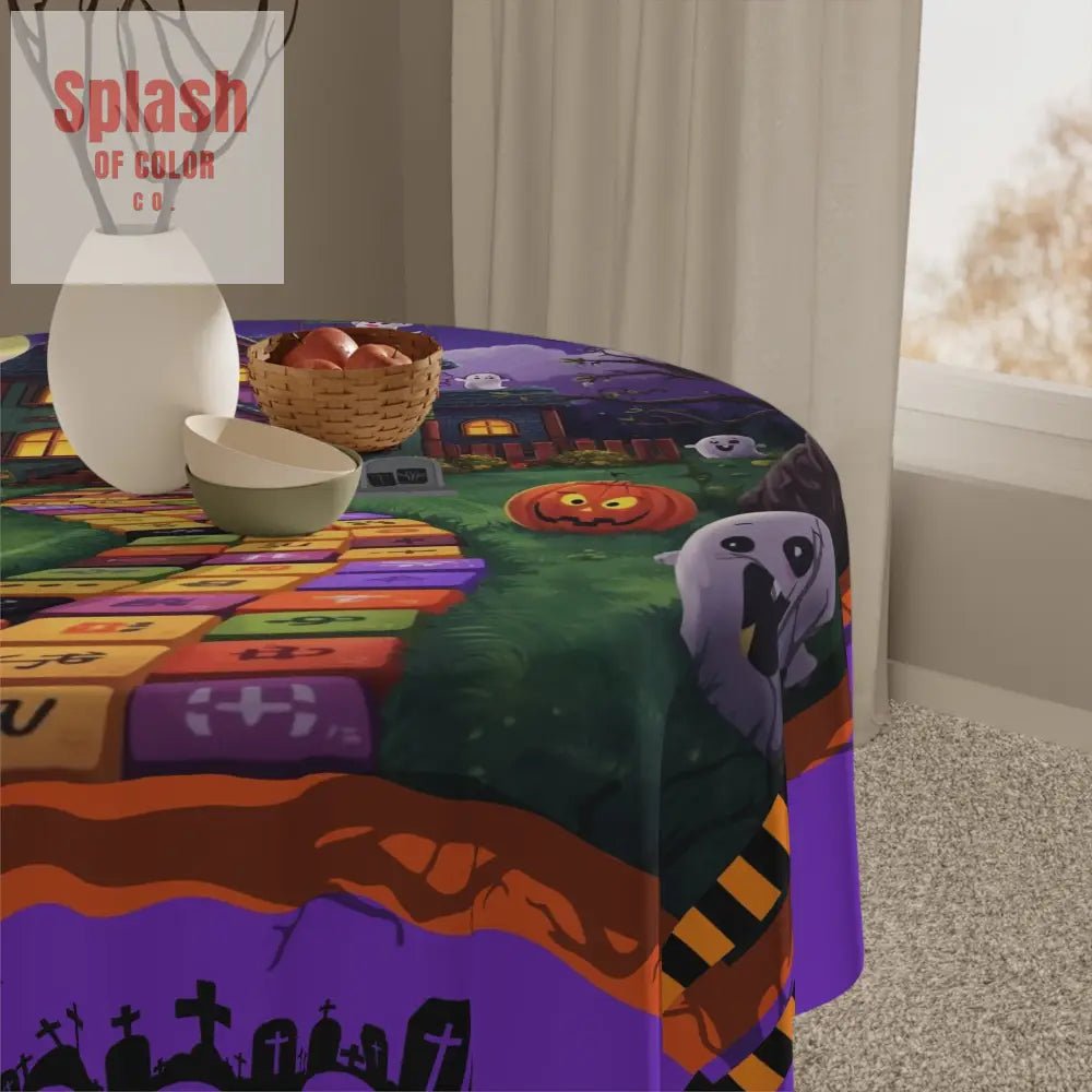 Mahjong Halloween - Themed Tablecloth, Spooky Party Decor,Mahjong Tile House Design, Boo - tiful Dining Accessory - Splash of Color co.