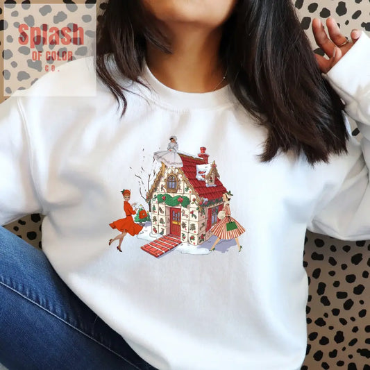 Mahjong Holiday Crewneck Sweatshirt Whimsical Mahj Tile House Design And Vintage Ladies Sweatshirt