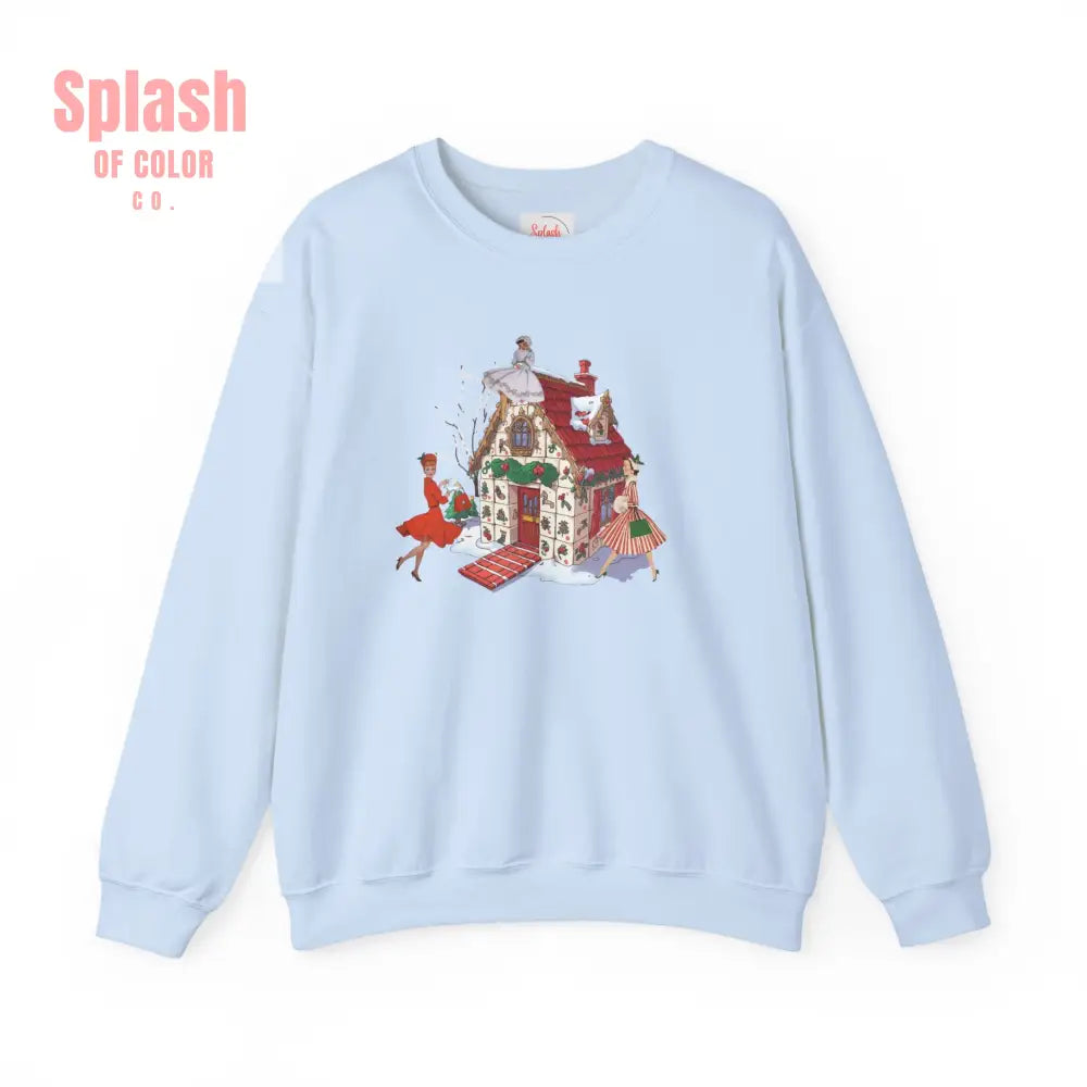 Mahjong Holiday Crewneck Sweatshirt Whimsical Mahj Tile House Design And Vintage Ladies S / Light Blue Sweatshirt