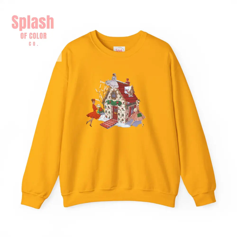 Mahjong Holiday Crewneck Sweatshirt Whimsical Mahj Tile House Design And Vintage Ladies S / Gold Sweatshirt