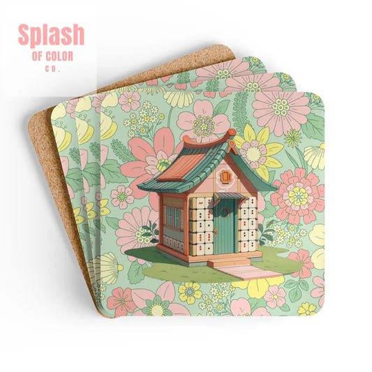 Mahjong Hostess Gift Charming Vintage Floral Whimsical Mahjong House Cork Coasters Cork / 3.75’’ × 3.75’’ / Square Home