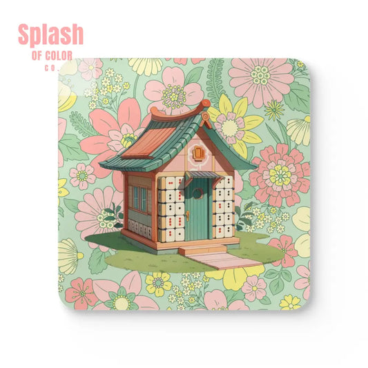 Mahjong Hostess Gift Charming Vintage Floral Whimsical Mahjong House Cork Coasters Cork / 3.75’’ × 3.75’’ / Square Home