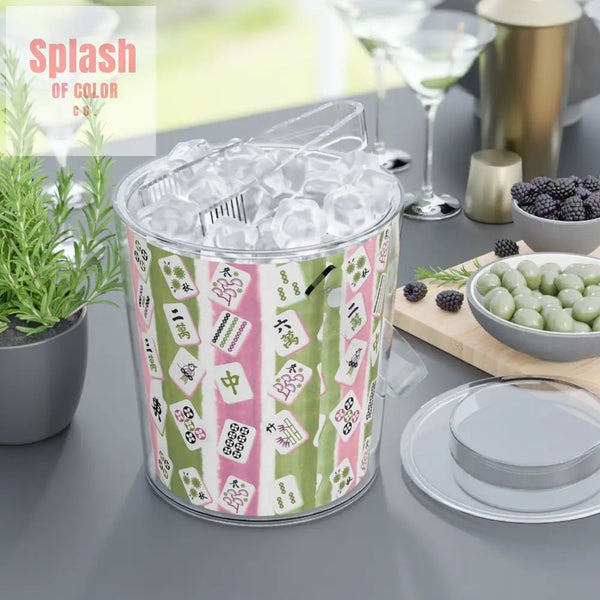 Mahjong Ice Bucket Charming Ice Bucket with Tongs for Parties Green Pink Striped Mahj Tiles Drink Cooler One Size