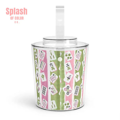 Mahjong Ice Bucket Charming Ice Bucket with Tongs for Parties Green Pink Striped Mahj Tiles Drink Cooler One Size