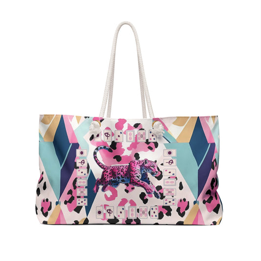 Mahjong Leopard Tile Bag Weekender Bag - Preppy Watercolor Blue Pink Purple Black Boho Travel Tote Beach Bag Mahj Lover
