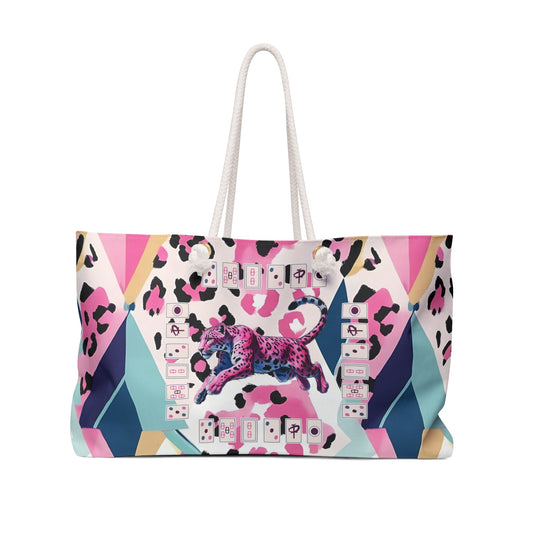 Mahjong Leopard Tile Bag Weekender Bag - Preppy Watercolor Blue Pink Purple Black Boho Travel Tote Beach Bag Mahj Lover
