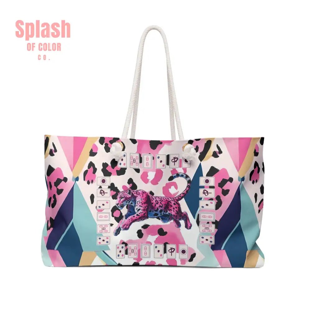 Mahjong Leopard Tile Bag Weekender Bag - Preppy Watercolor Blue Pink Purple Black Boho Travel Tote Beach Bag Mahj Lover