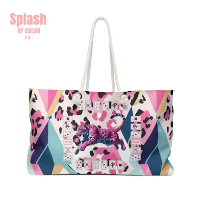 Mahjong Leopard Tile Bag Weekender Bag - Preppy Watercolor Blue Pink Purple Black Boho Travel Tote Beach Bag Mahj Lover