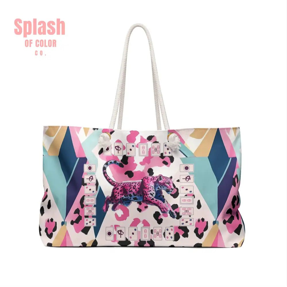 Mahjong Leopard Tile Bag Weekender Bag - Preppy Watercolor Blue Pink Purple Black Boho Travel Tote Beach Bag Mahj Lover