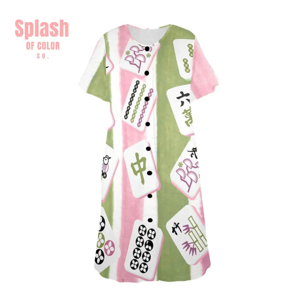 Mahjong Lover Cute Green Pink Mahj Tiles Women’s Muumuu Dress Pajamas
