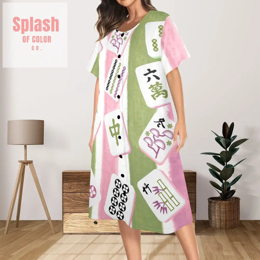 Mahjong Lover Cute Green Pink Mahj Tiles Women’s Muumuu Dress Pajamas