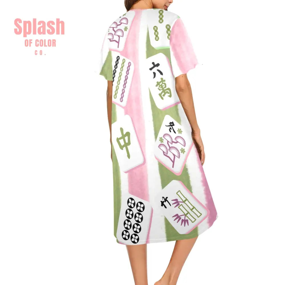 Mahjong Lover Cute Green Pink Mahj Tiles Women’s Muumuu Dress Pajamas