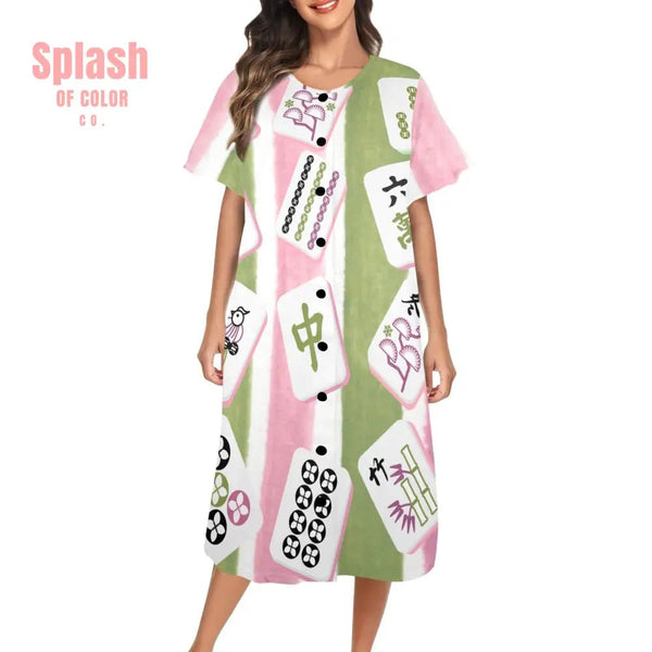 Mahjong Lover Cute Green Pink Mahj Tiles Women’s Muumuu Dress XS Pajamas