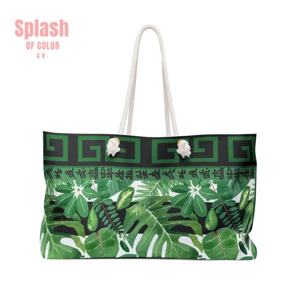Mahjong Lover Gift Tote Bag For Tiles Green Black Floral Asian Inspired Tropical Weekender Bag - 24’’ × 13’’ - Bags