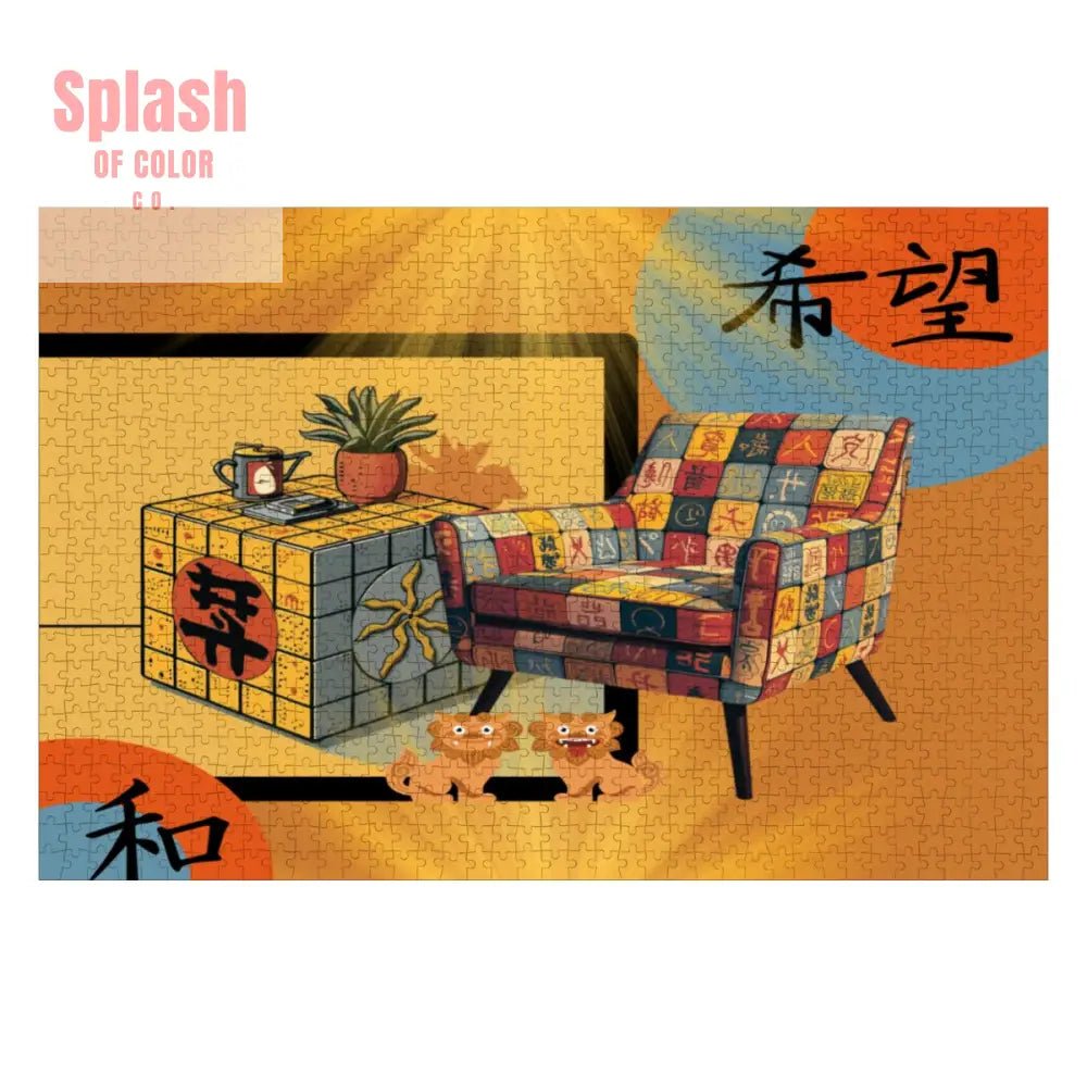 Mahjong Lover Golden Sun Orange Blue Whimsical Wooden Jigsaw Puzzles 1000 pcs - Splash of Color co.