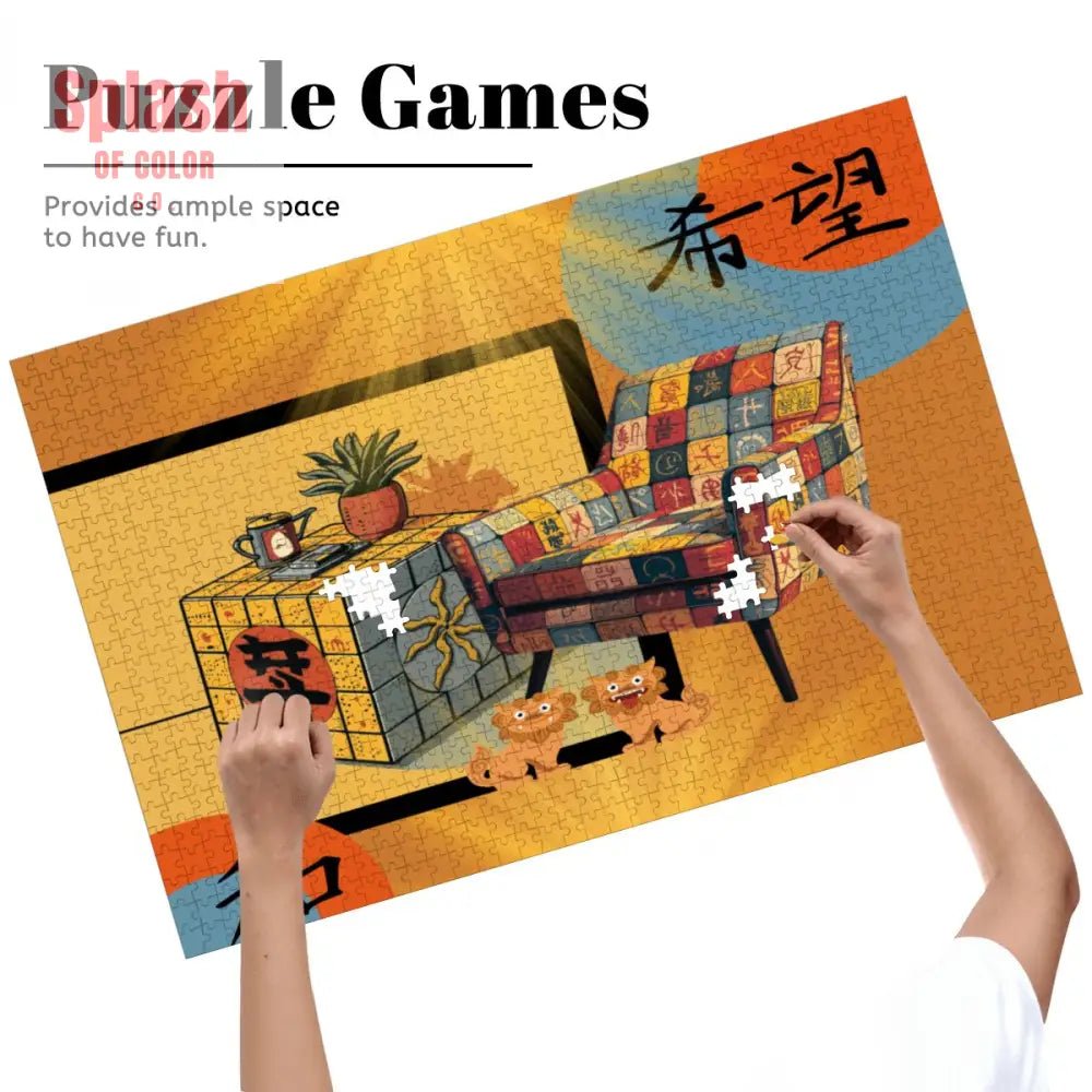 Mahjong Lover Golden Sun Orange Blue Whimsical Wooden Jigsaw Puzzles 1000 pcs - Splash of Color co.