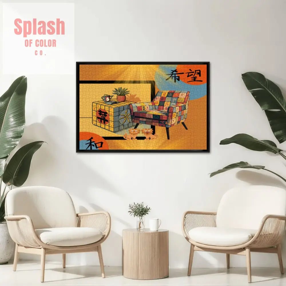 Mahjong Lover Golden Sun Orange Blue Whimsical Wooden Jigsaw Puzzles 1000 pcs - Splash of Color co.