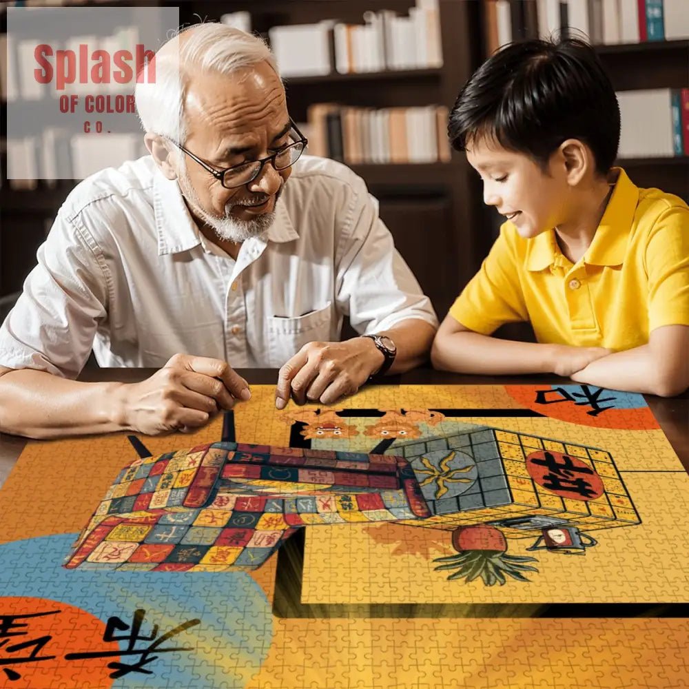 Mahjong Lover Golden Sun Orange Blue Whimsical Wooden Jigsaw Puzzles 1000 pcs - Splash of Color co.