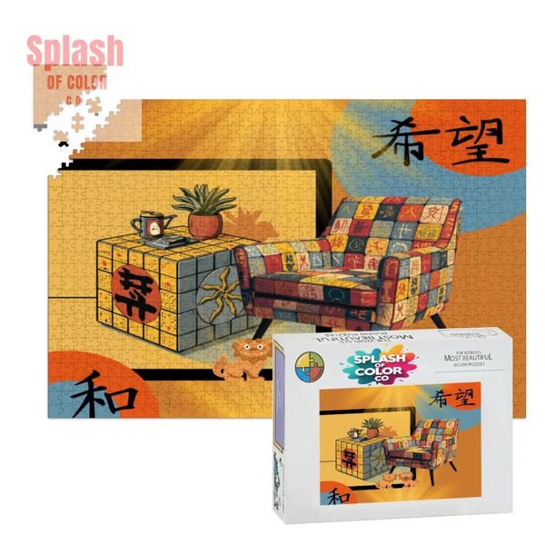 Mahjong Lover Golden Sun Orange Blue Whimsical Wooden Jigsaw Puzzles 1000 pcs - Splash of Color co.
