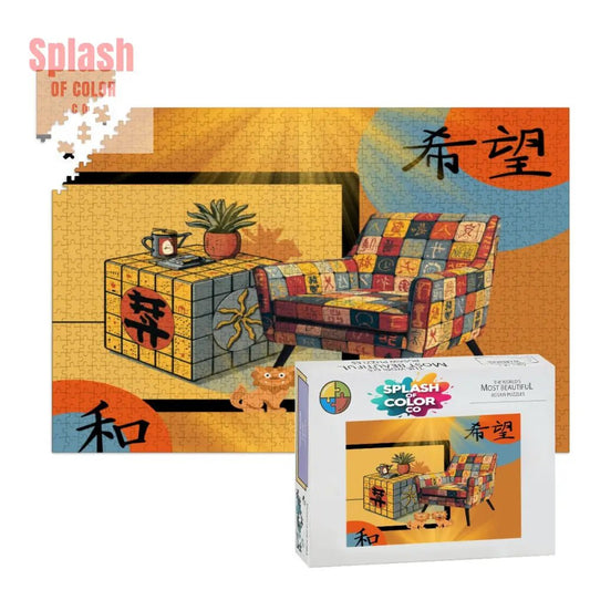 Mahjong Lover Golden Sun Orange Blue Whimsical Wooden Jigsaw Puzzles 1000 pcs - Splash of Color co.