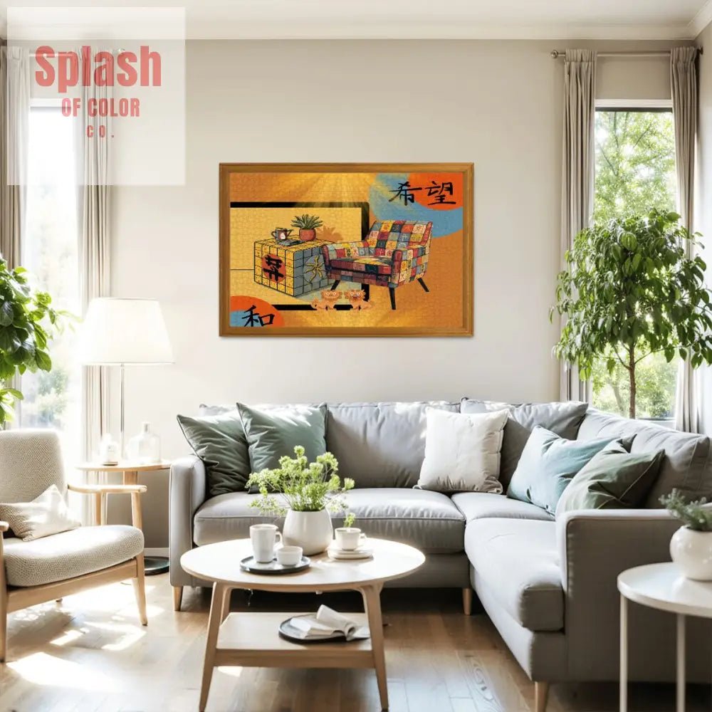 Mahjong Lover Golden Sun Orange Blue Whimsical Wooden Jigsaw Puzzles 1000 pcs - Splash of Color co.