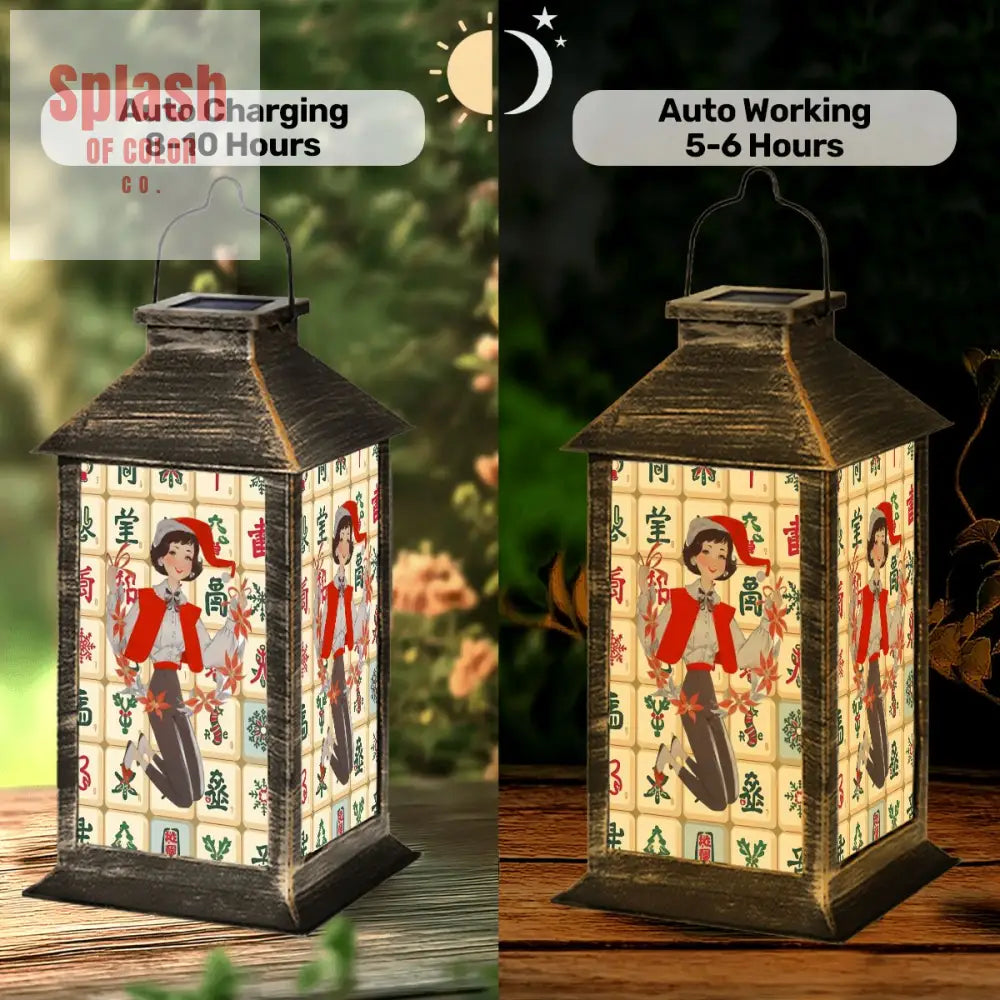 Mahjong Lover Holiday Whimsy Vintage Mahj Tiles And Christmas Gal Solar Lantern One Size Art Lighting