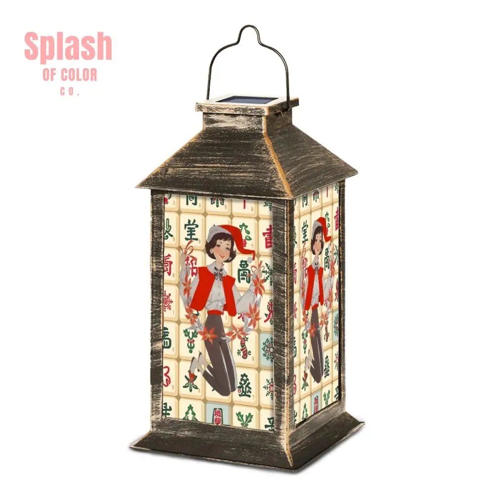 Mahjong Lover Holiday Whimsy Vintage Mahj Tiles And Christmas Gal Solar Lantern One Size Art Lighting